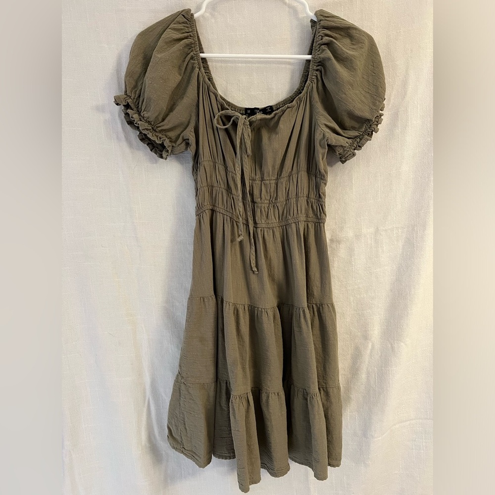 Olive Green Puff Sleeve Mini Dress